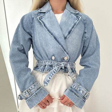 Blue Women Collared Long Sleeve Denim Wind Bolero Jacket